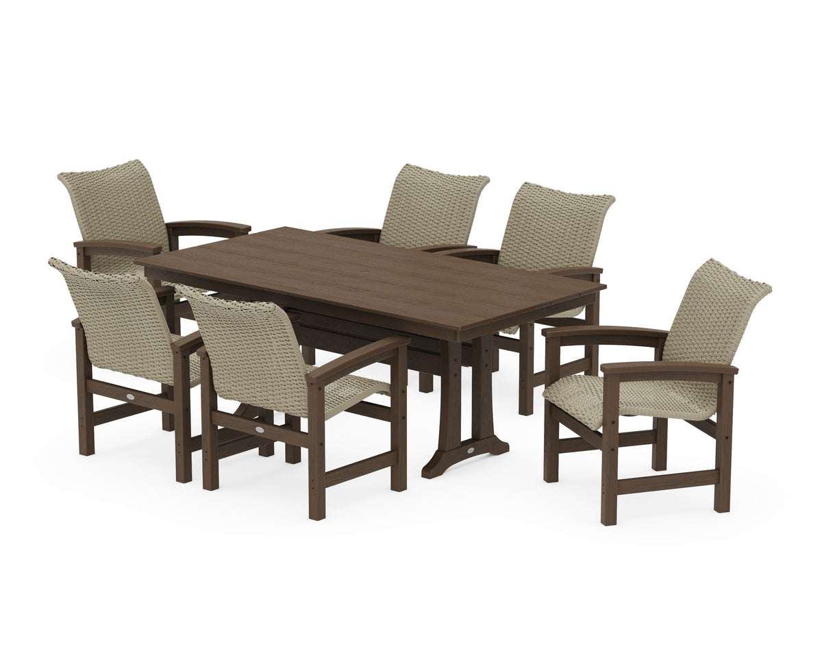 POLYWOOD Coastal Woven Arm Chair 7-Piece Farmhouse Dining Set with Trestle Legs in Kona / Dune Grass