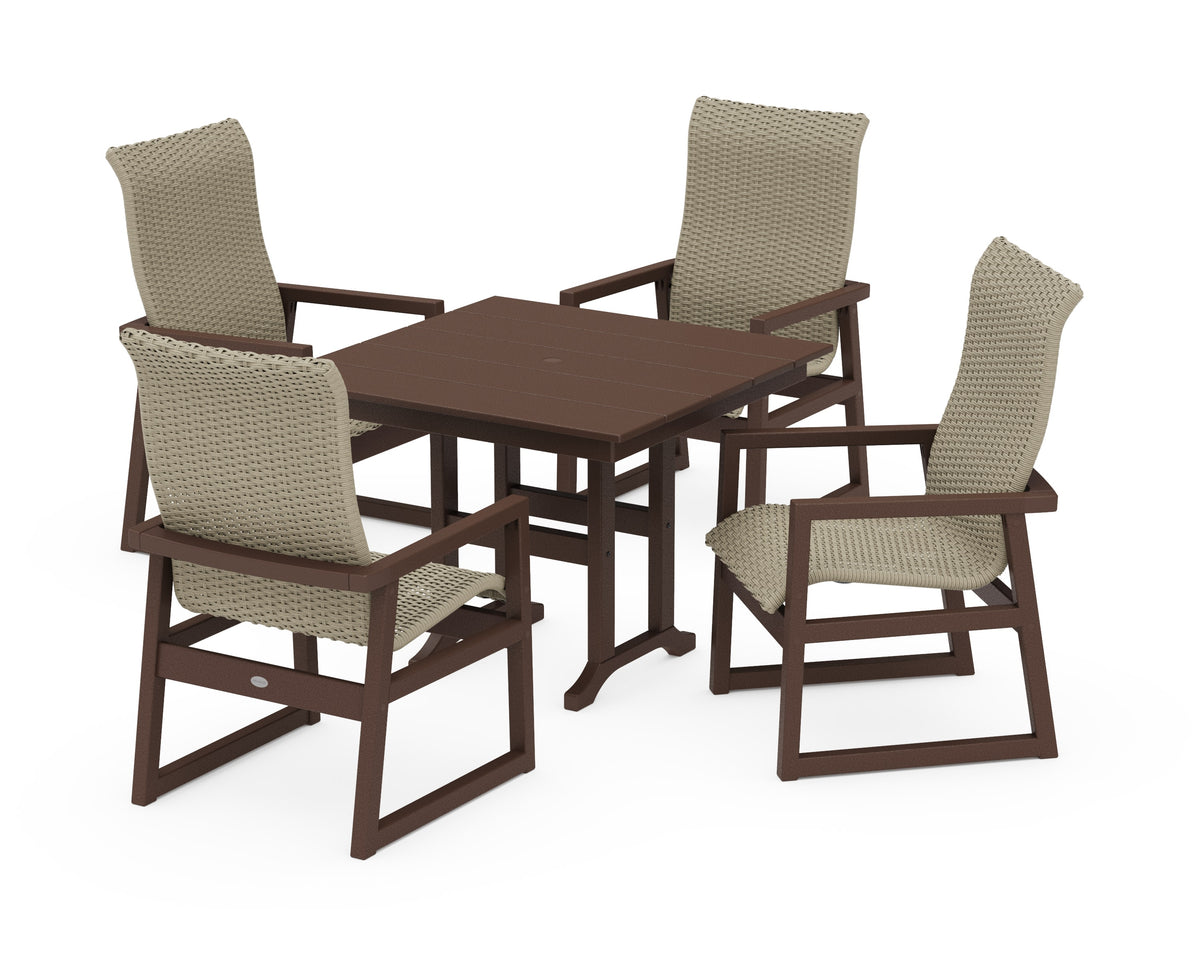 POLYWOOD EDGE Woven High-Back 5-Piece Farmhouse Dining Set in Mahogany / Dune Grass