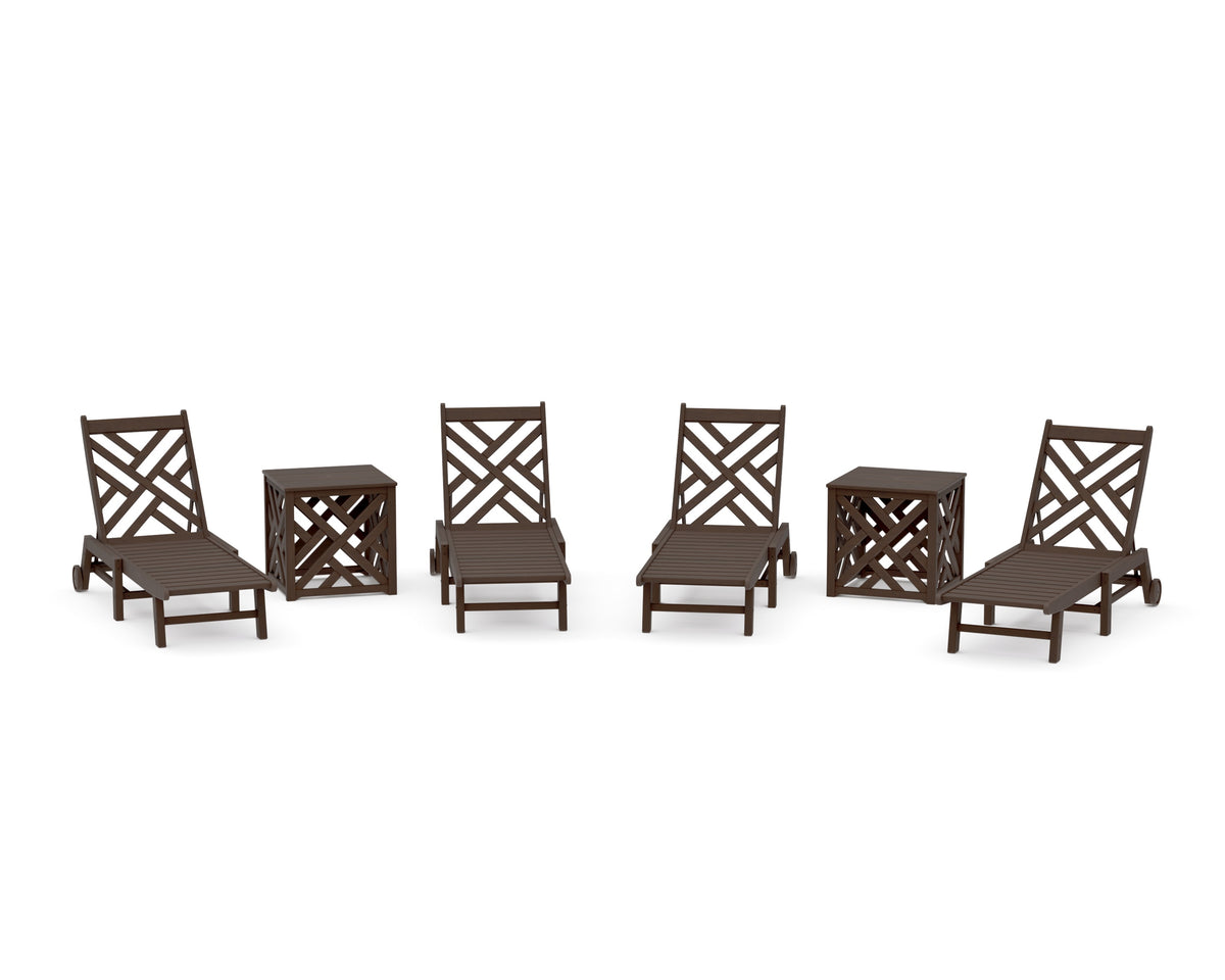 POLYWOOD Chippendale 6-Piece Chaise Set with Wheels and Umbrella Stand Accent Table in Kona