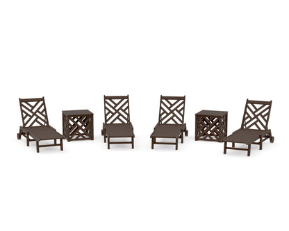 POLYWOOD Chippendale 6-Piece Chaise Set with Wheels and Umbrella Stand Accent Table in Kona