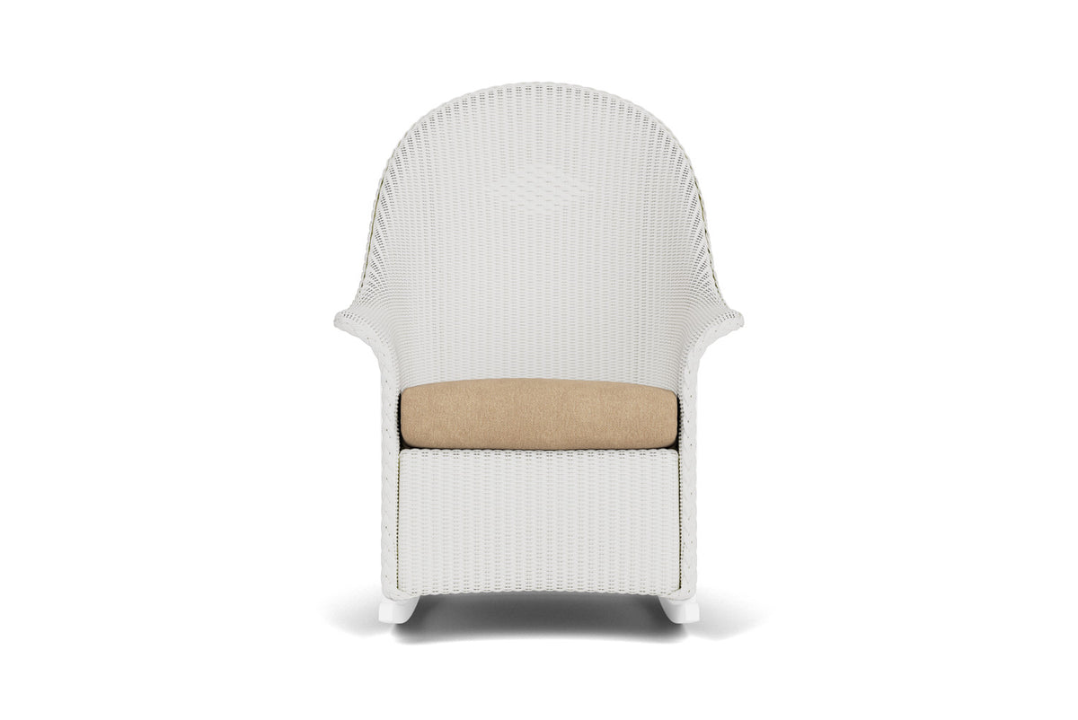 Lloyd Flanders Lloyd Loom High Back Porch Rocker – 2x2 Weave in Matte White with Hayden Sand fabric