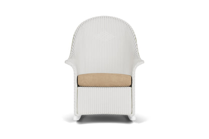 Lloyd Flanders Lloyd Loom High Back Porch Rocker – 2x2 Weave in Matte White with Hayden Sand fabric