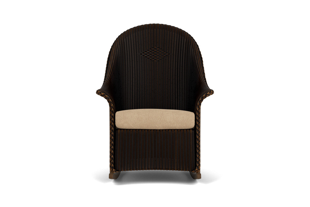 Lloyd Flanders Lloyd Loom High Back Porch Rocker – 2x2 Weave in Mink with Hayden Sand fabric