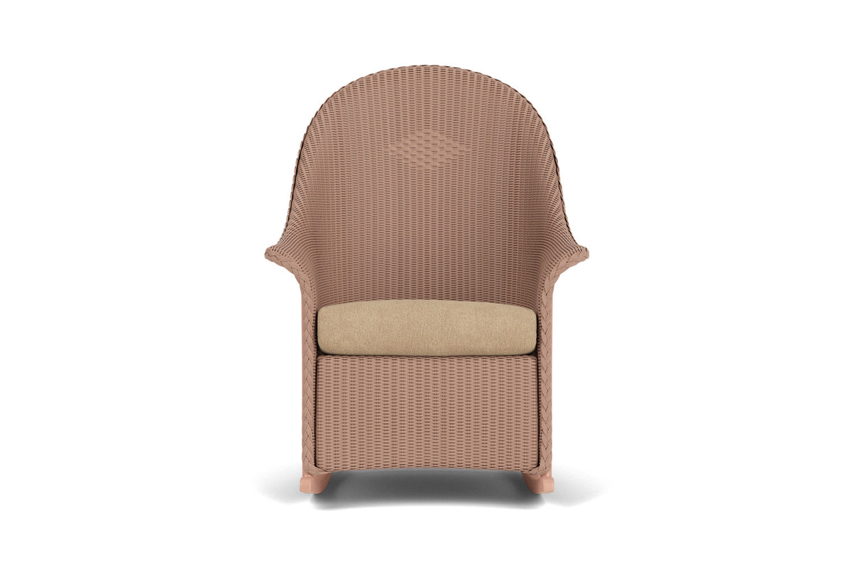Lloyd Flanders Lloyd Loom High Back Porch Rocker – 2x2 Weave in Rosewood with Hayden Sand fabric