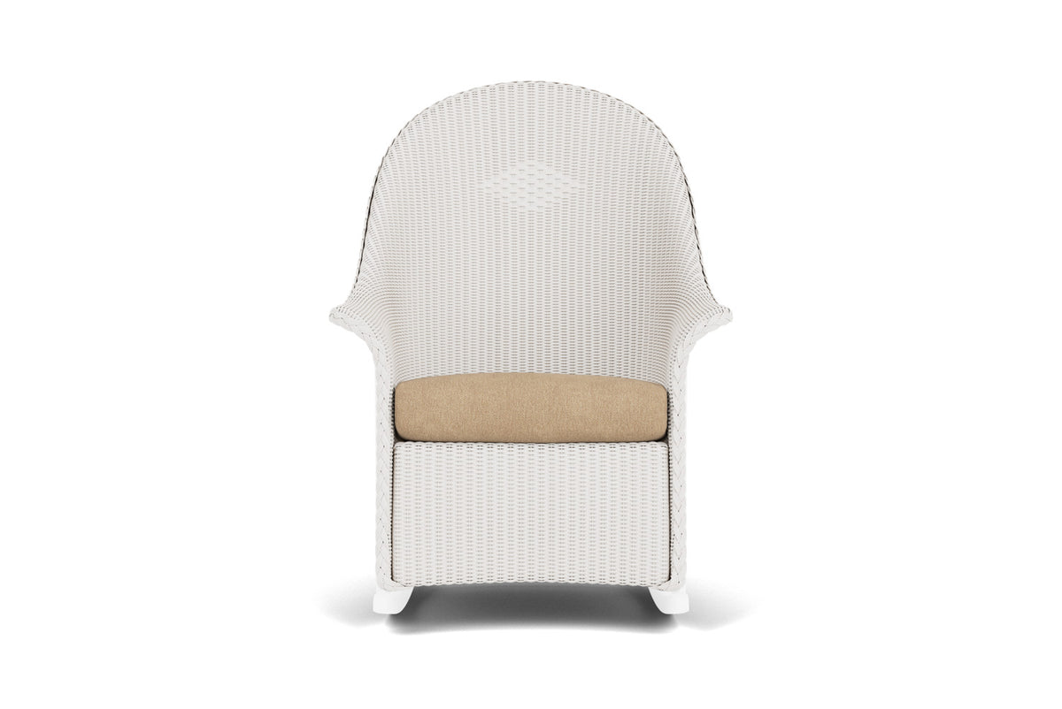 Lloyd Flanders Lloyd Loom High Back Porch Rocker – 2x2 Weave in White with Hayden Sand fabric