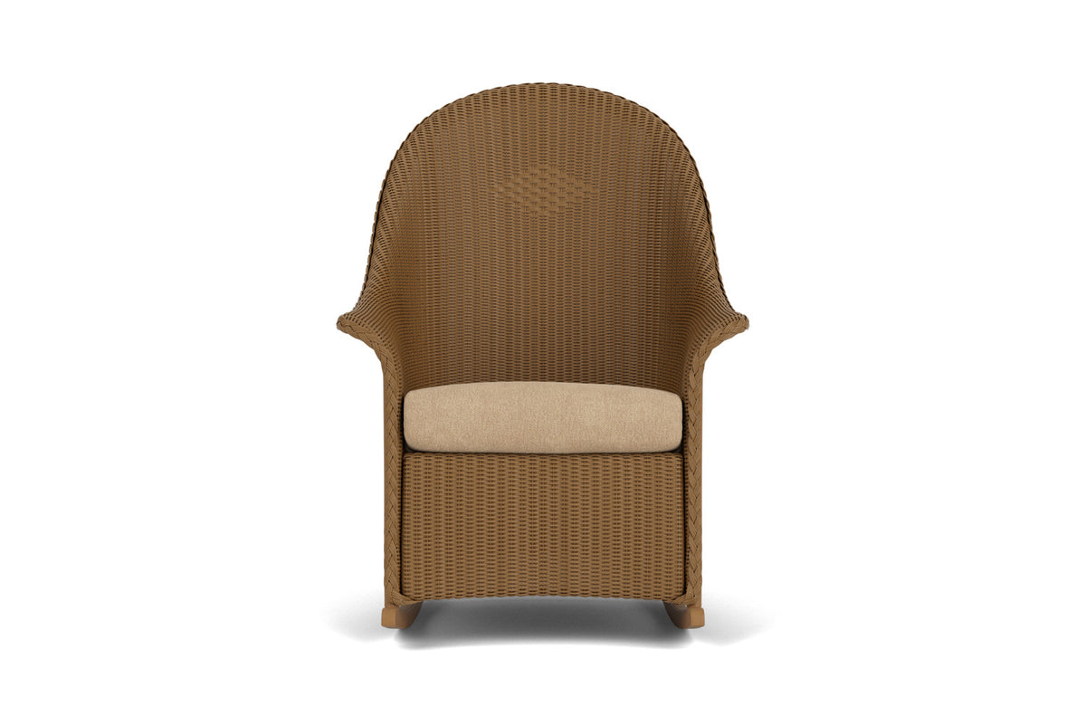 Lloyd Flanders Lloyd Loom High Back Porch Rocker – 2x2 Weave in Hickory with Hayden Sand fabric