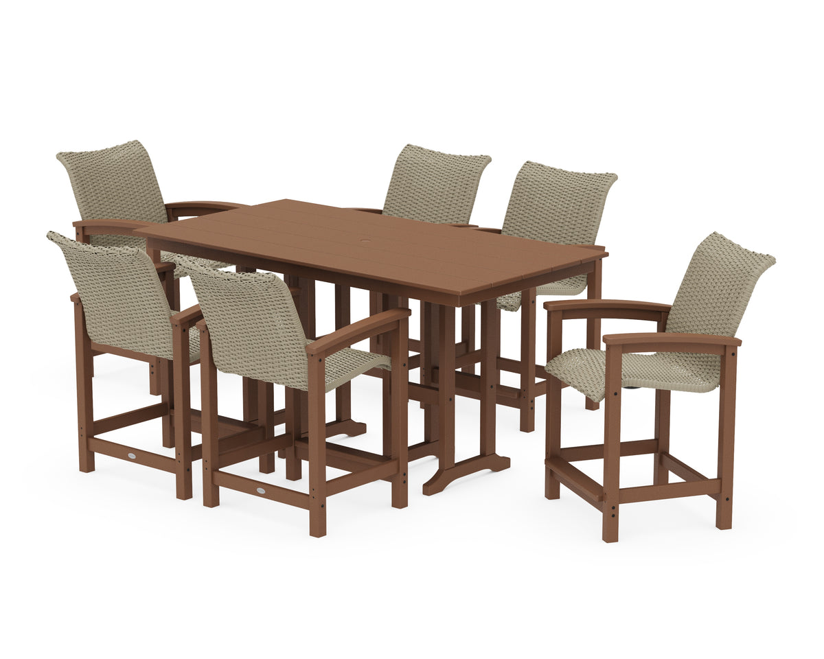 POLYWOOD Coastal Woven Arm Chair 7-Piece Farmhouse Counter Set in Teak / Dune Grass