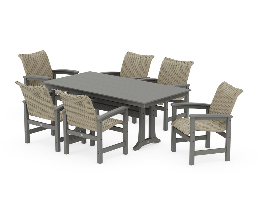 POLYWOOD Coastal Woven Arm Chair 7-Piece Farmhouse Dining Set with Trestle Legs in Slate Grey / Dune Grass