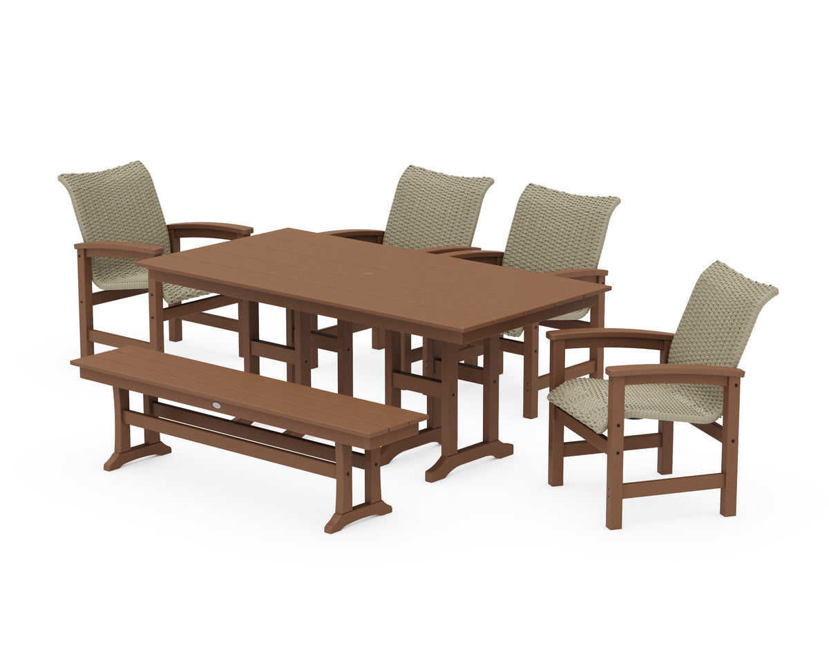 POLYWOOD Coastal Woven 6-Piece Farmhouse Dining Set with Bench with Farmhouse 37" x 72" Dining Table in Teak / Dune Grass