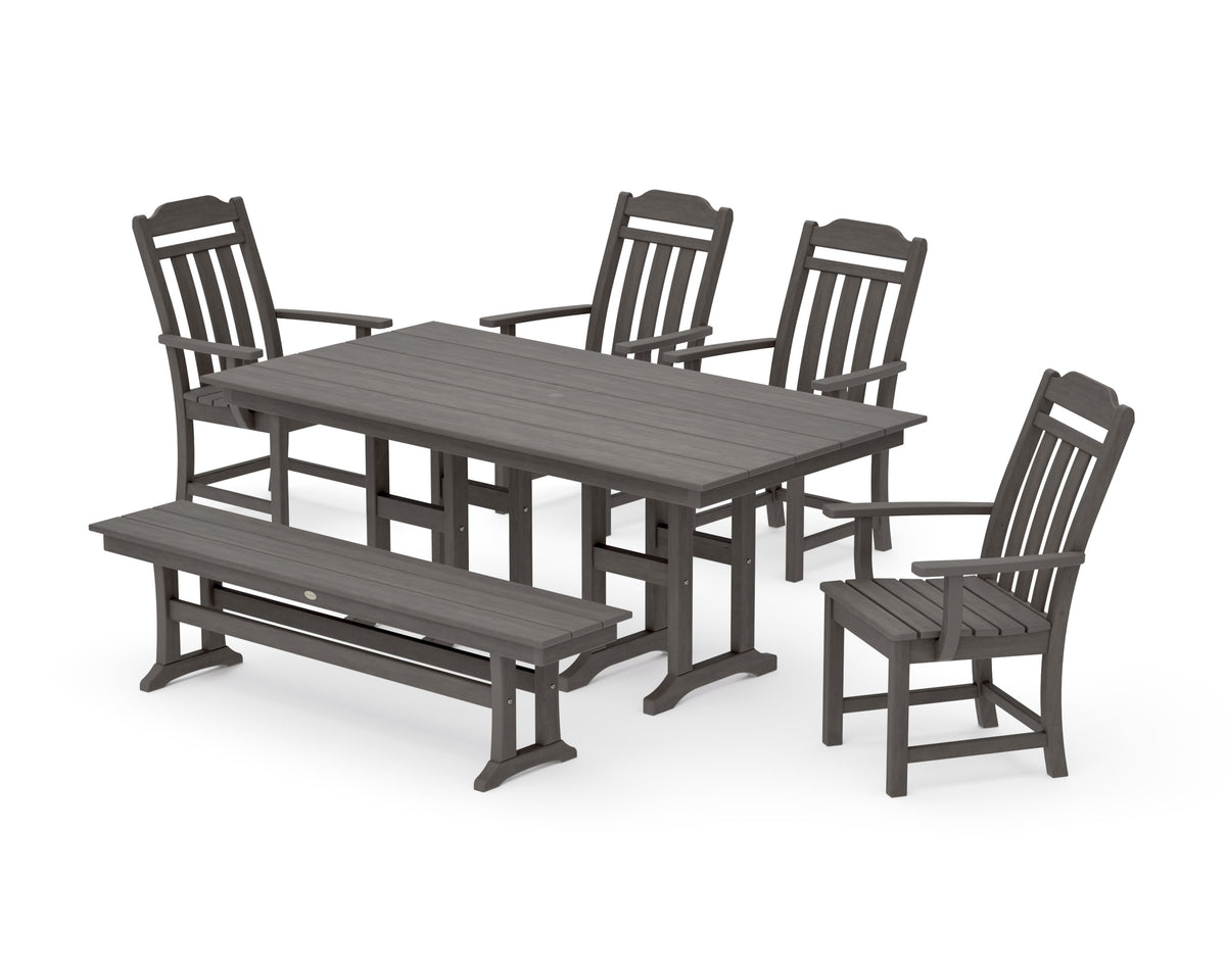 POLYWOOD Cottage 6-Piece Farmhouse Dining Set with Bench in Driftwood