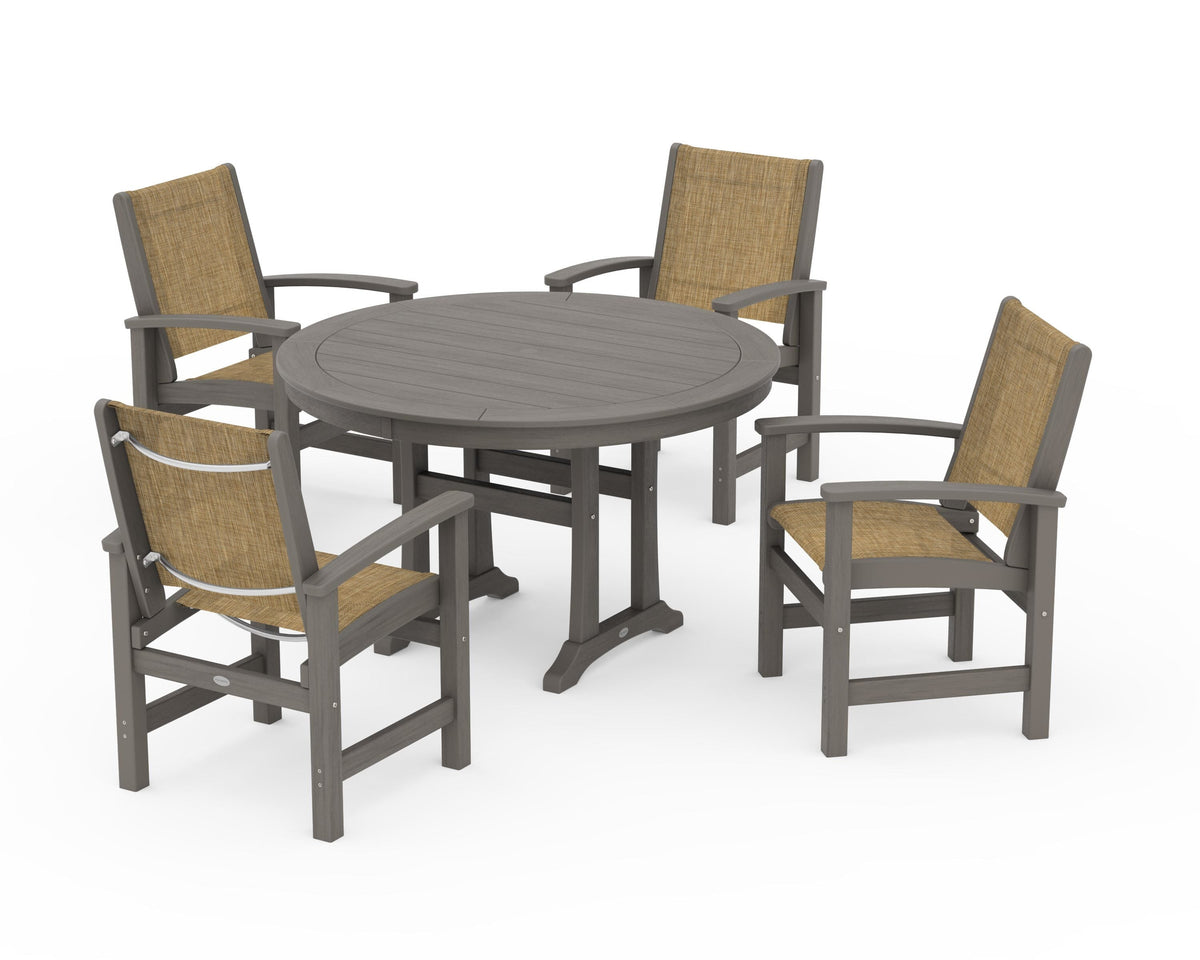 POLYWOOD Coastal 5-Piece Round Dining Set with Trestle Legs in Driftwood / Burlap