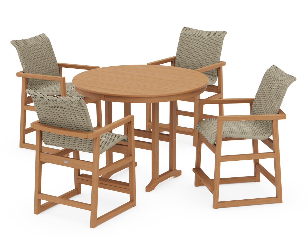 POLYWOOD EDGE Woven 5-Piece Round Farmhouse Counter Set in Natural / Dune Grass