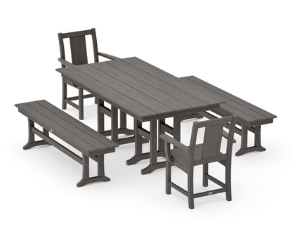 POLYWOOD Prairie 5-Piece Farmhouse Dining Set with Benches in Driftwood