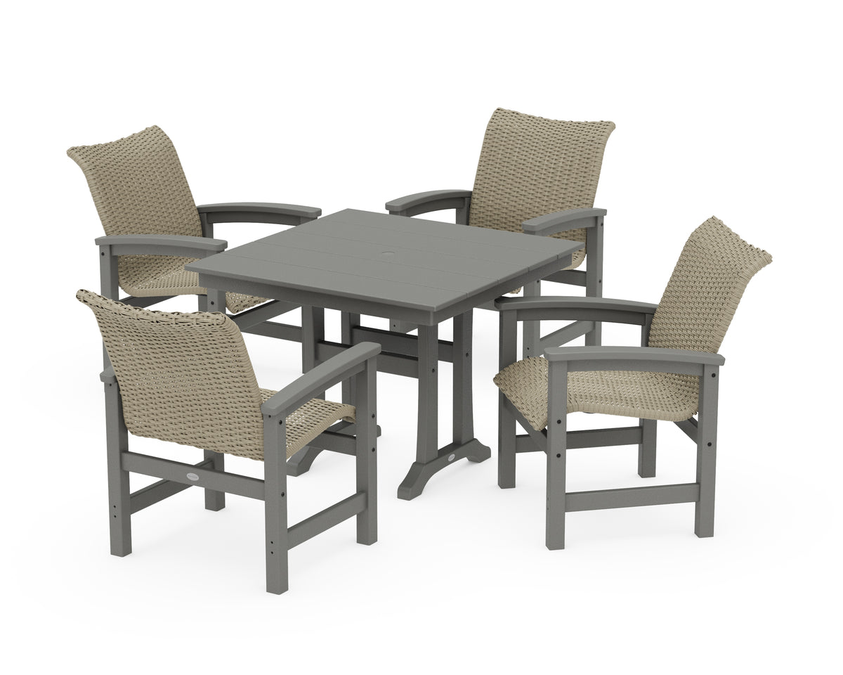 POLYWOOD Coastal Woven 5-Piece Farmhouse Dining Set with Trestle Legs in Slate Grey / Dune Grass