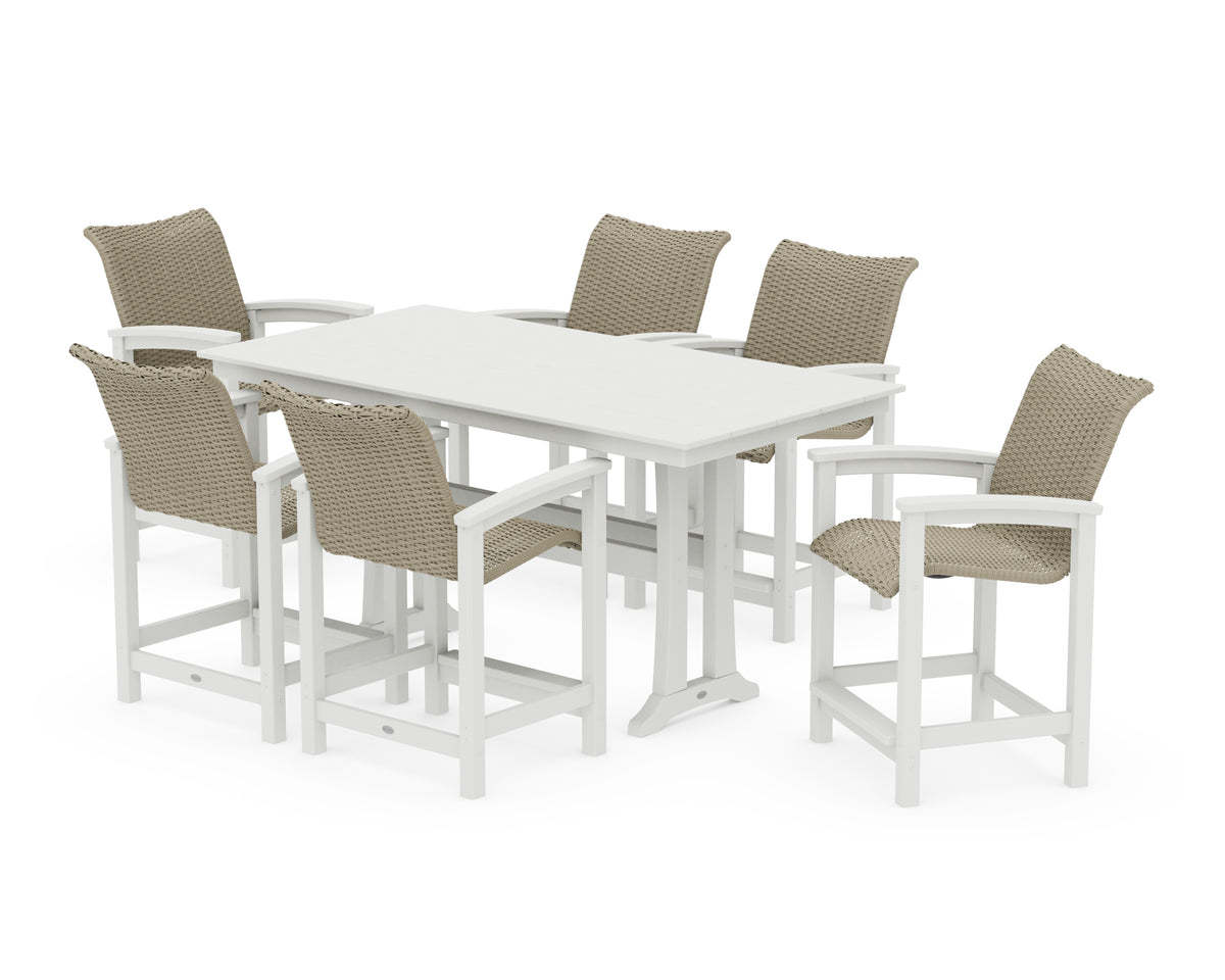 POLYWOOD Coastal Woven Arm Chair 7-Piece Farmhouse Counter Set with Trestle Legs in Vintage White / Dune Grass