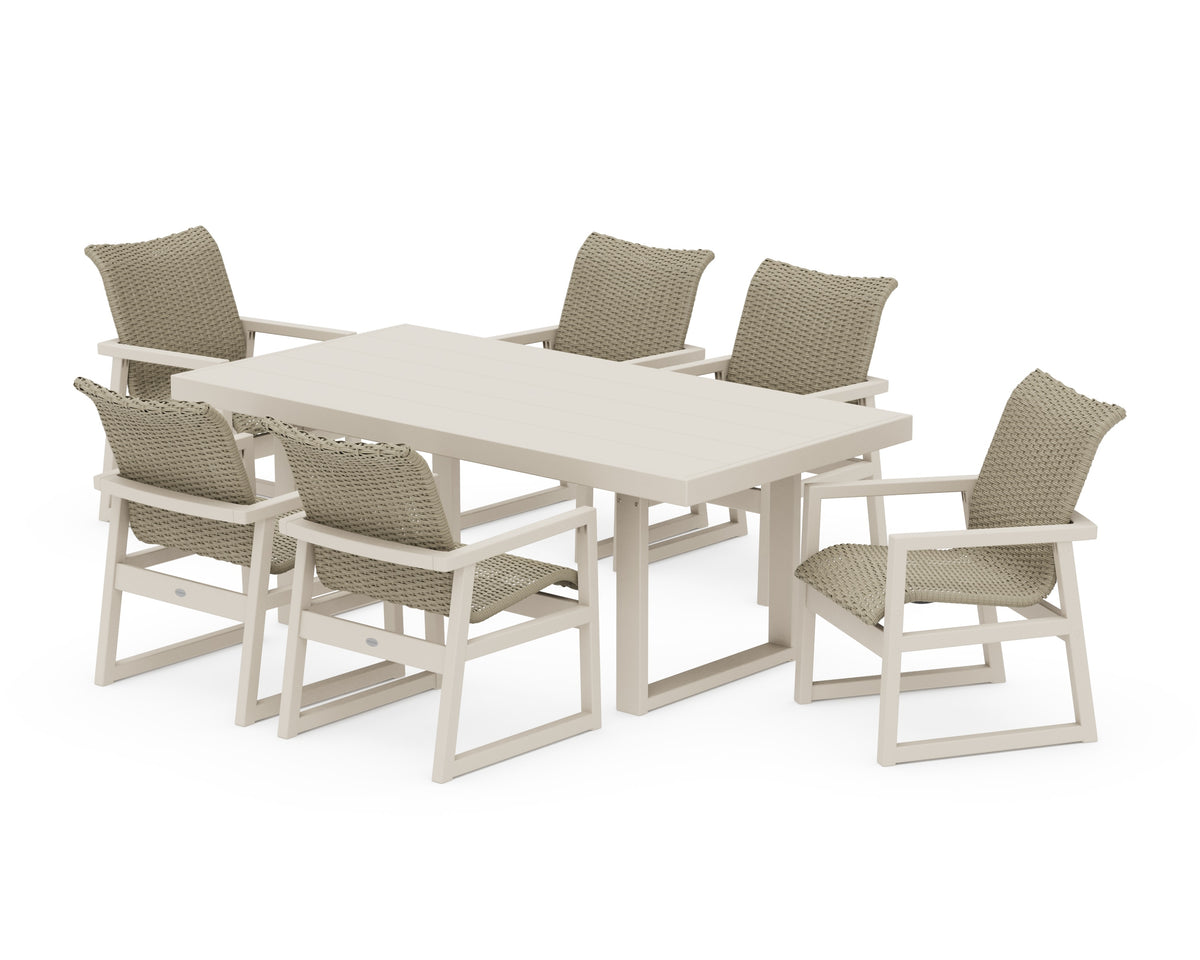 POLYWOOD EDGE Woven Arm Chair 7-Piece Dining Set in Sand / Dune Grass