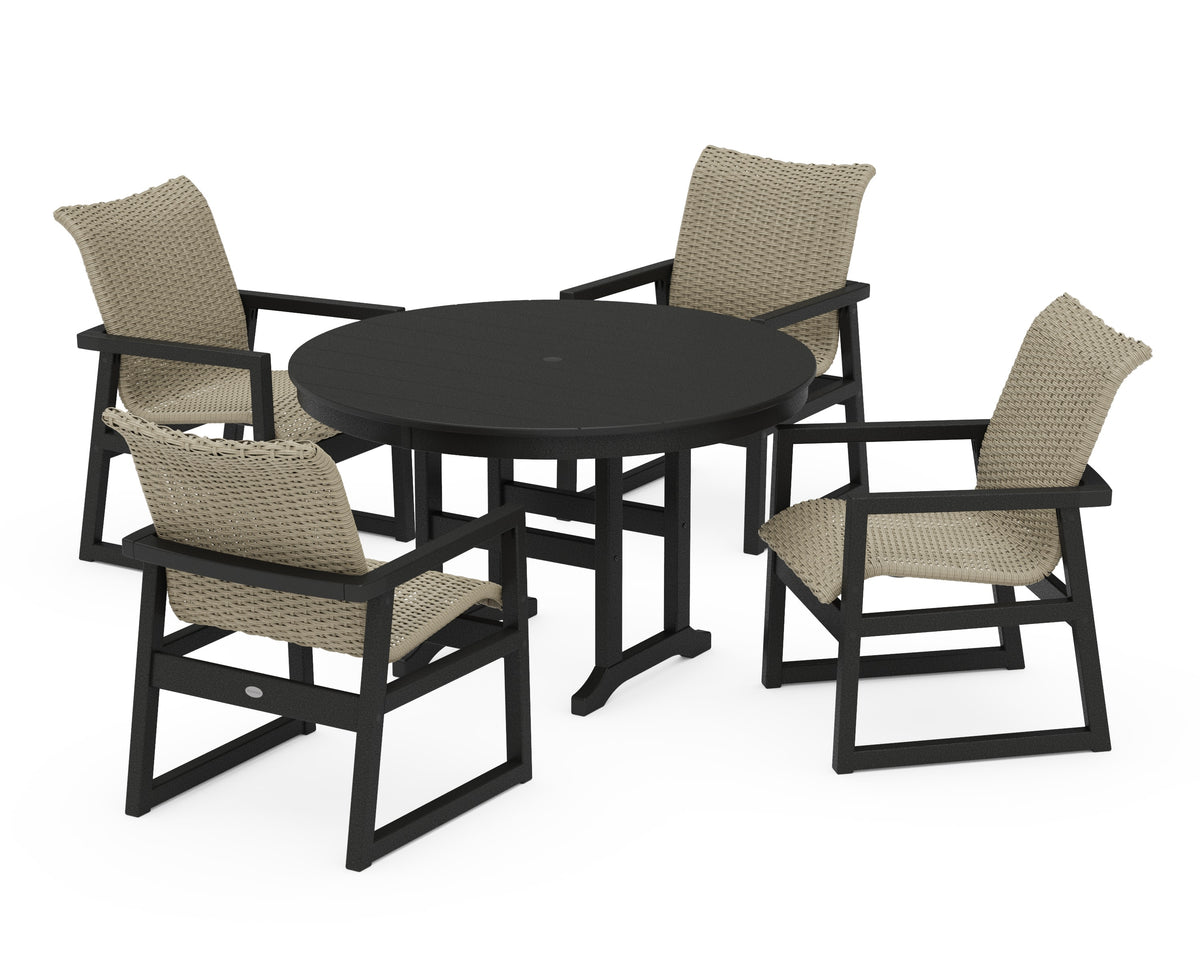 POLYWOOD EDGE Woven 5-Piece Round Farmhouse Dining Set in Black / Dune Grass