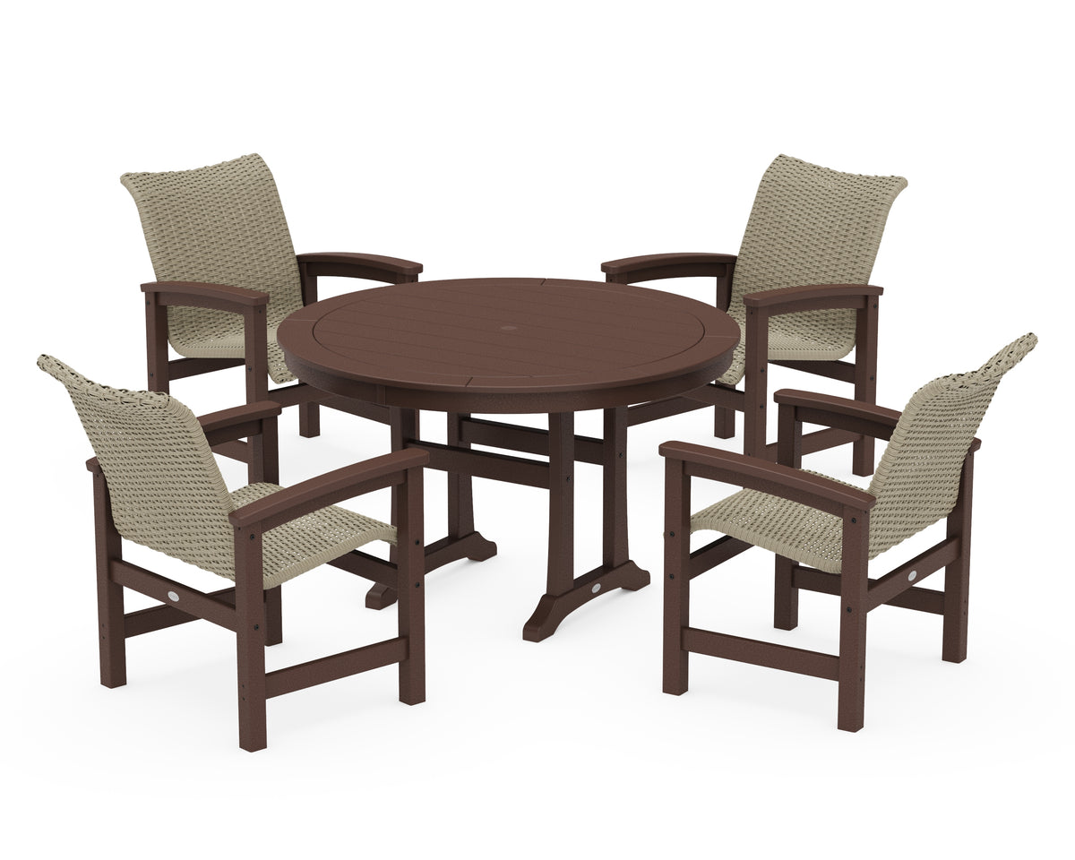 POLYWOOD Coastal Woven 5-Piece Round Dining Set with Trestle Legs in Mahogany / Dune Grass