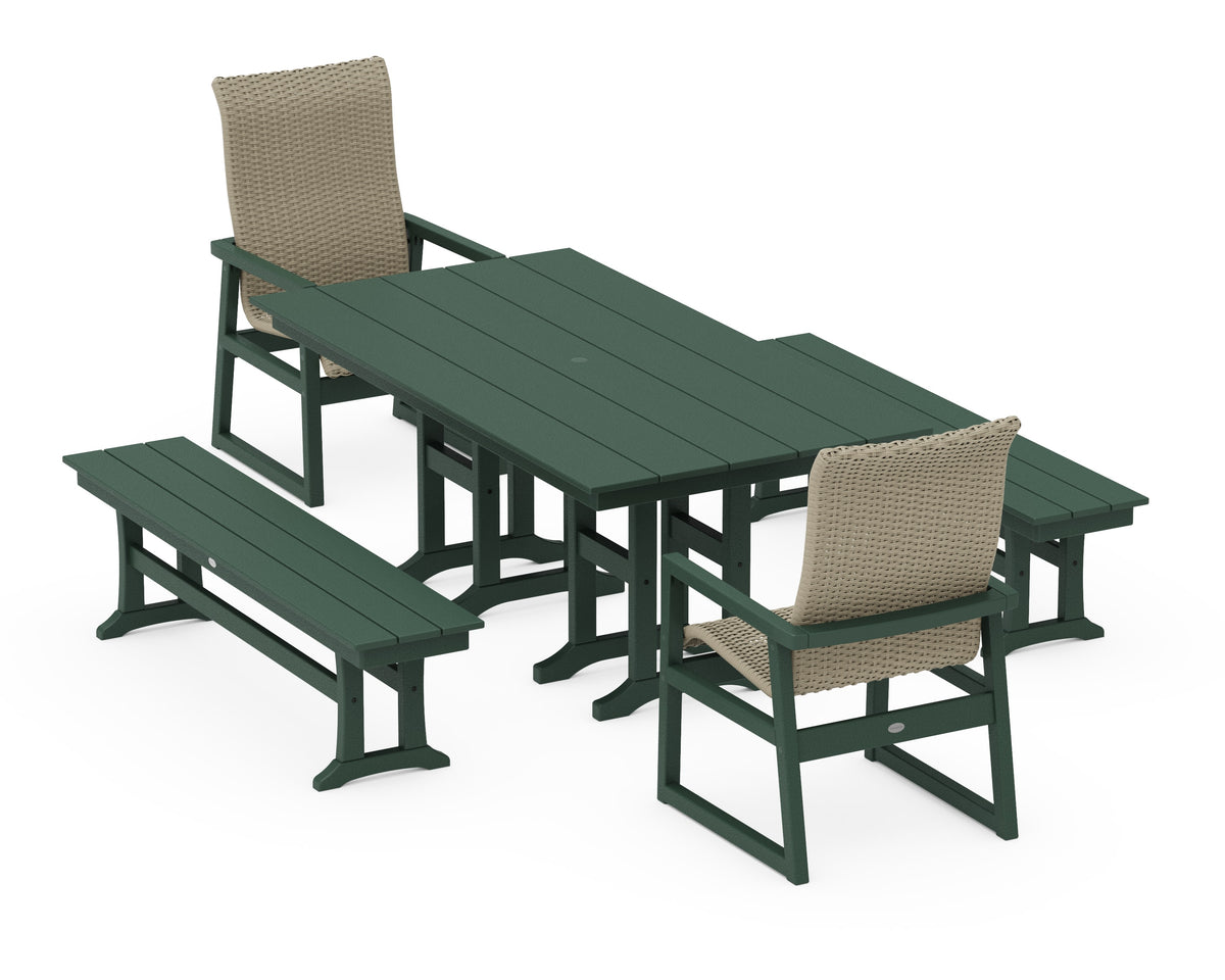 POLYWOOD EDGE Woven High-Back 5-Piece Farmhouse Dining Set with Benches in Green / Dune Grass