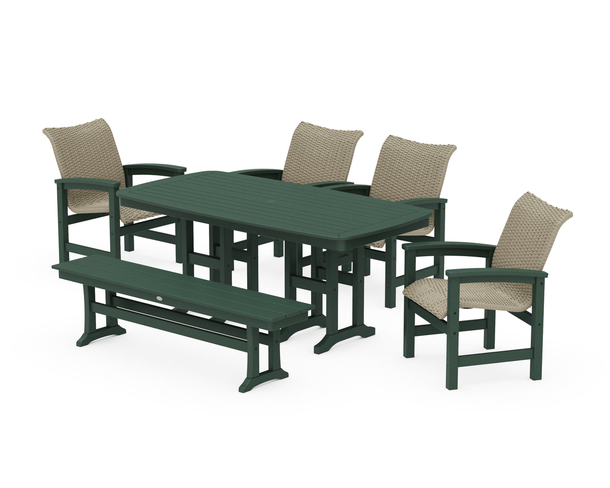 POLYWOOD Coastal Woven 6-Piece Farmhouse Dining Set with Bench with Nautical 37" x 72" Dining Table in Green / Dune Grass