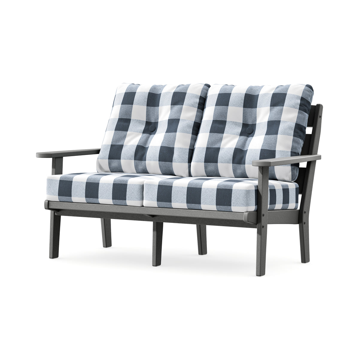 POLYWOOD Lakeside Deep Seating Loveseat in Slate Grey / Buffalo Plaid Marine Indigo