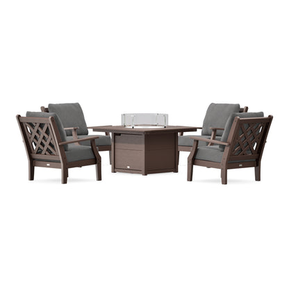 POLYWOOD Country Living Wovendale 5-Piece Deep Seating Set with Fire Pit Table in Mahogany