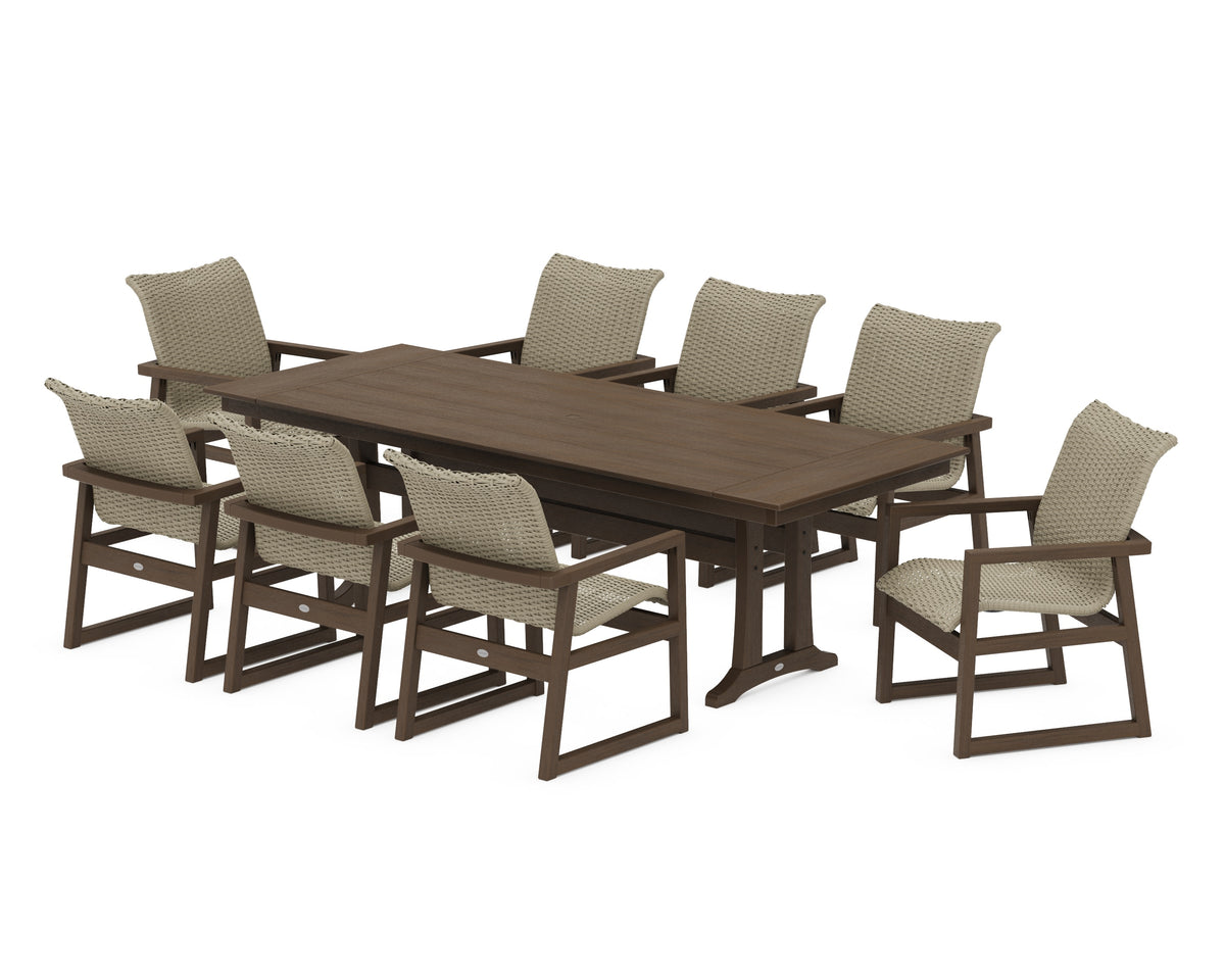 POLYWOOD EDGE Woven 9-Piece Farmhouse Dining Set with Trestle Legs in Kona / Dune Grass