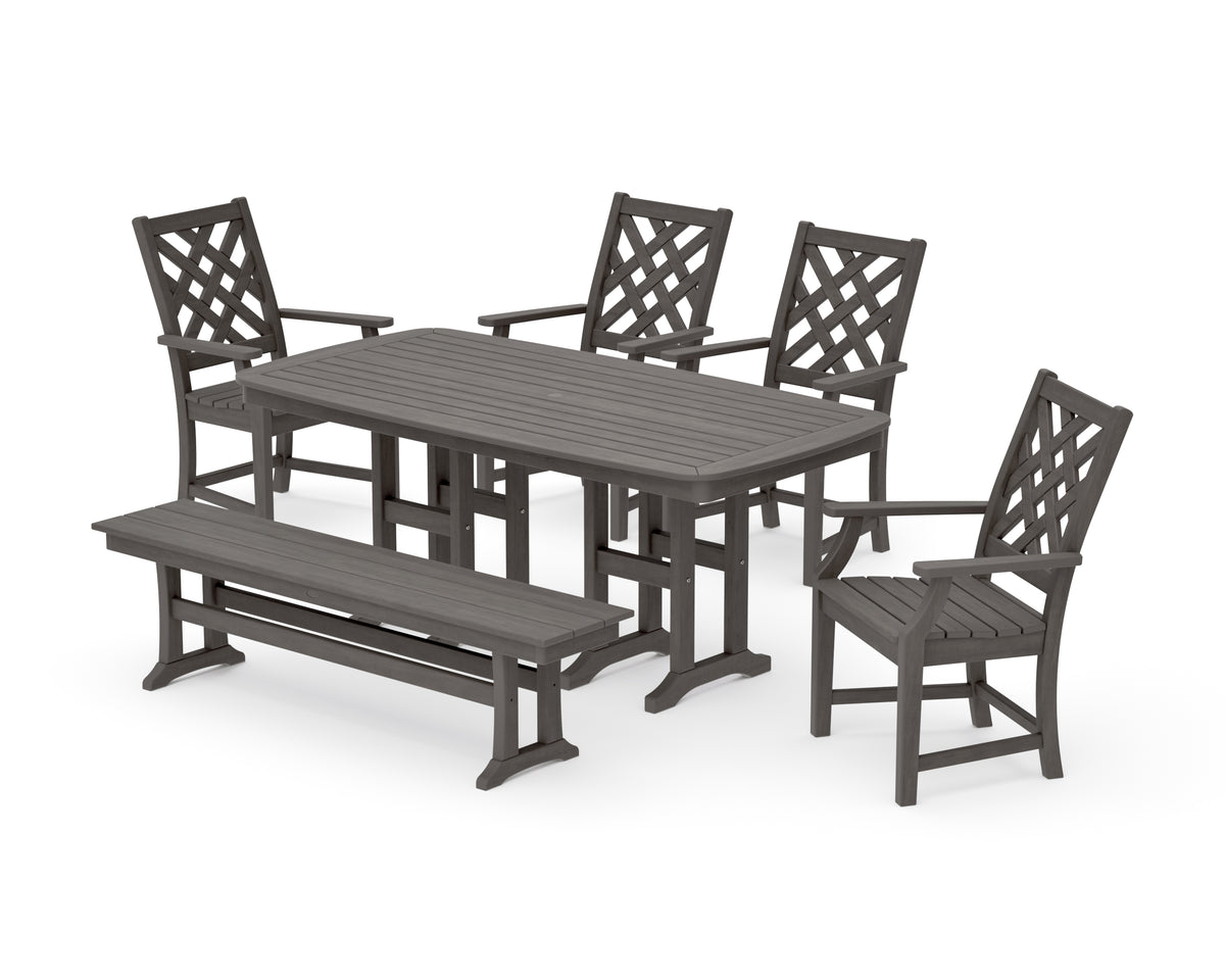 POLYWOOD Country Living Wovendale 6-Piece Farmhouse Dining Set with Bench with Nautical 37" x 72" Dining Table in Driftwood