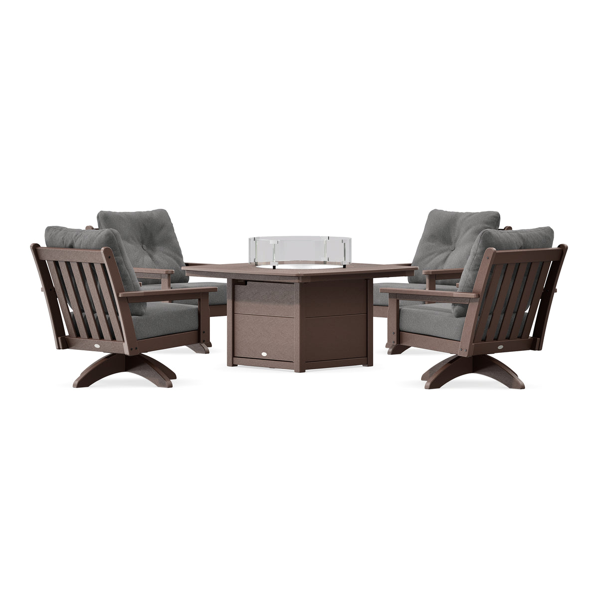 POLYWOOD Vineyard 5-Piece Deep Seating Swivel Conversation Set with Fire Pit Table in Mahogany