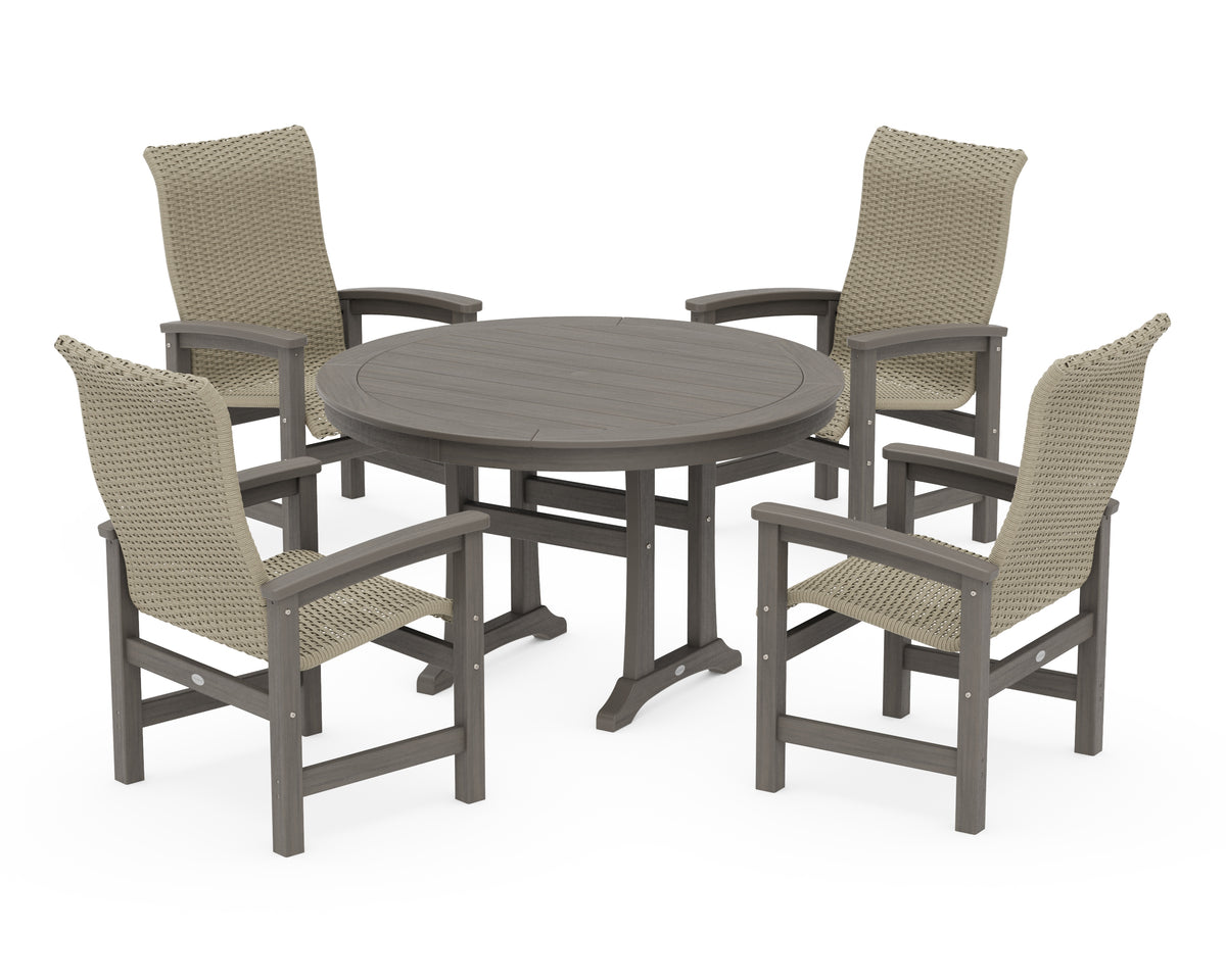 POLYWOOD Coastal Woven High-Back 5-Piece Round Dining Set with Trestle Legs in Driftwood / Dune Grass
