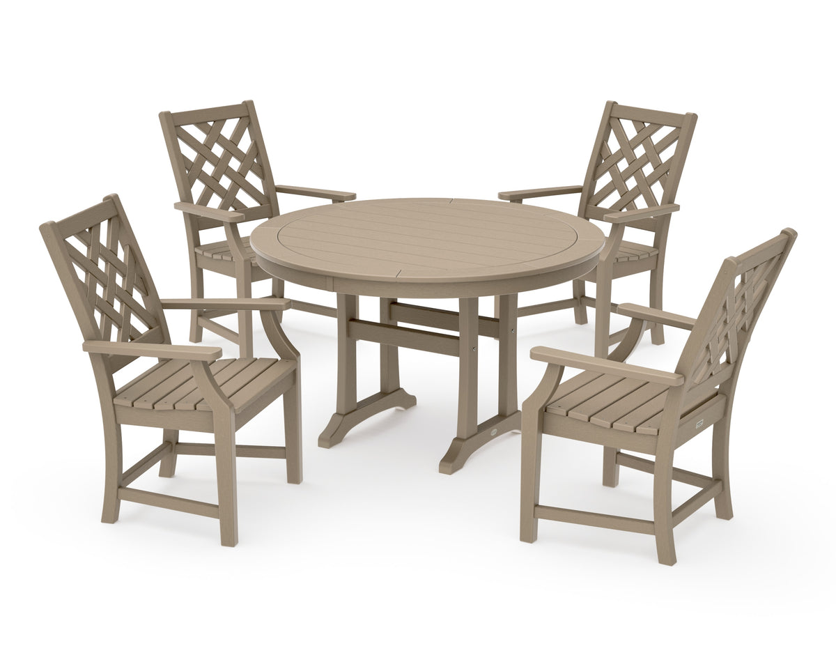 POLYWOOD Wovendale 5-Piece Round Dining Set with Trestle Legs in Vintage Sahara