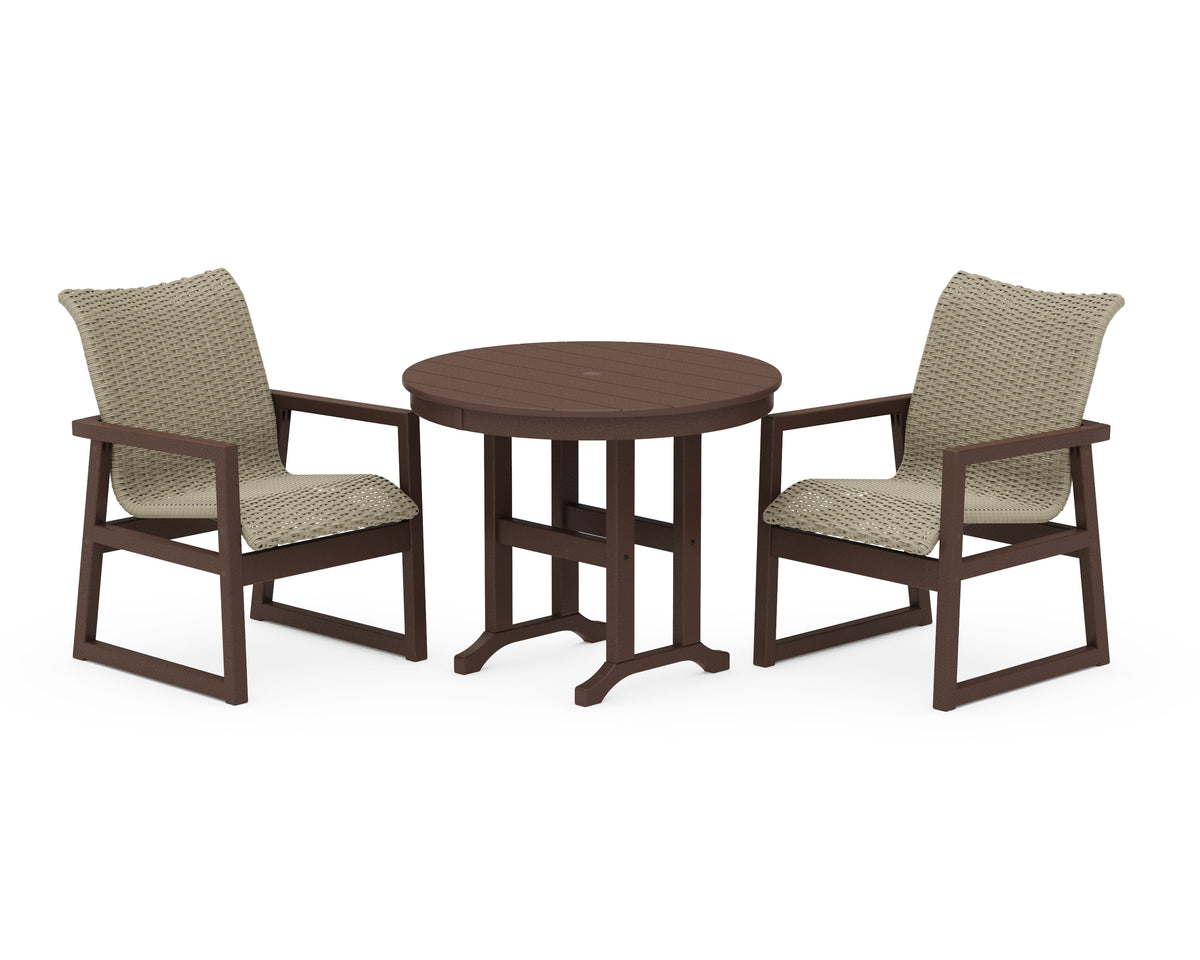 POLYWOOD EDGE Woven 3-Piece Farmhouse Dining Set in Mahogany / Dune Grass