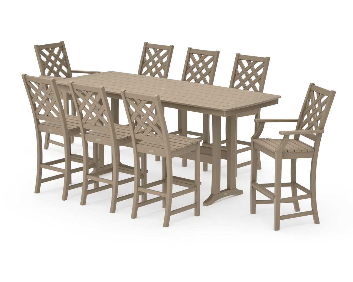 POLYWOOD Country Living Wovendale 9-Piece Bar Set with Trestle Legs in Vintage Sahara