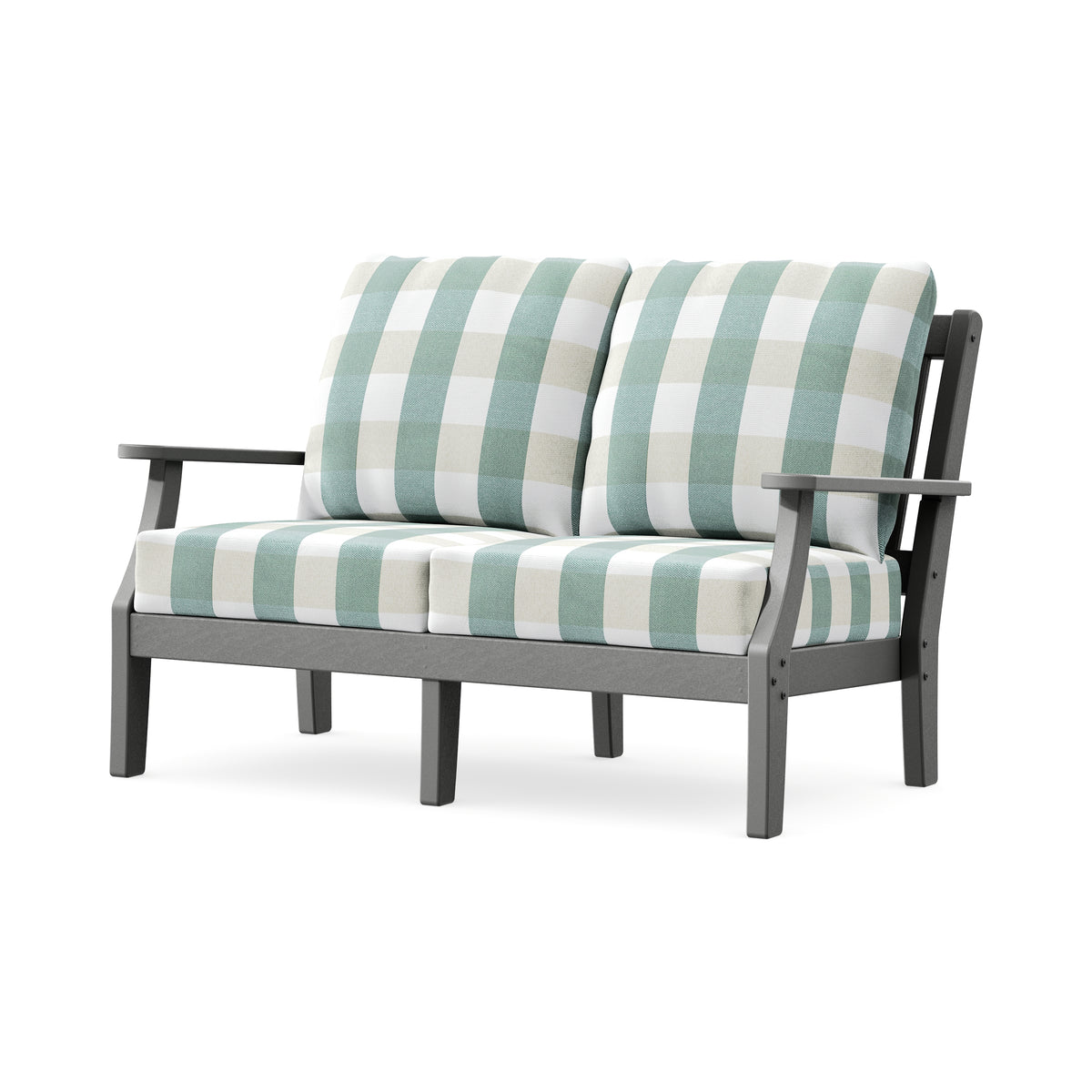 POLYWOOD Chinoiserie Deep Seating Loveseat in Slate Grey / Buffalo Plaid Glacier Spa