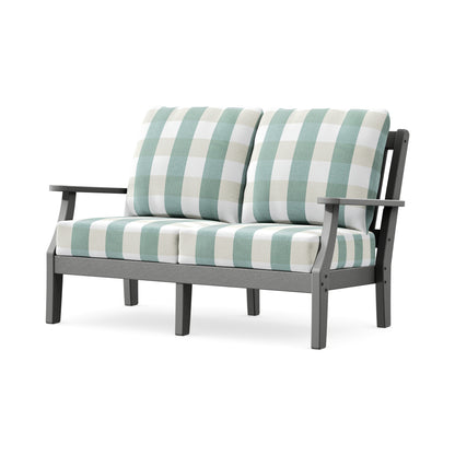 POLYWOOD Chinoiserie Deep Seating Loveseat in Slate Grey / Buffalo Plaid Glacier Spa