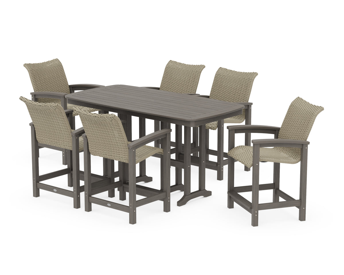 POLYWOOD Coastal Woven Arm Chair 7-Piece Counter Set in Driftwood / Dune Grass