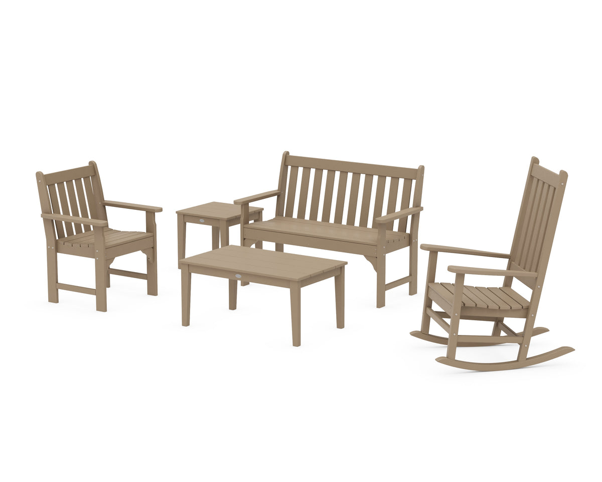 POLYWOOD Vineyard 5-Piece Bench &amp; Rocking Chair Set in Vintage Sahara