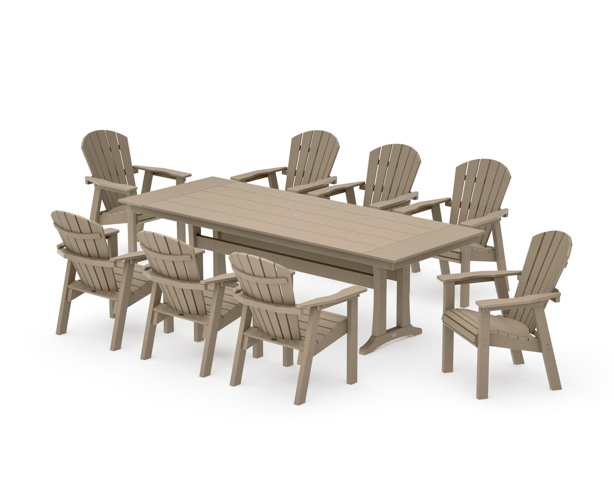 POLYWOOD Seashell 9-Piece Farmhouse Dining Set with Trestle Legs in Vintage Sahara