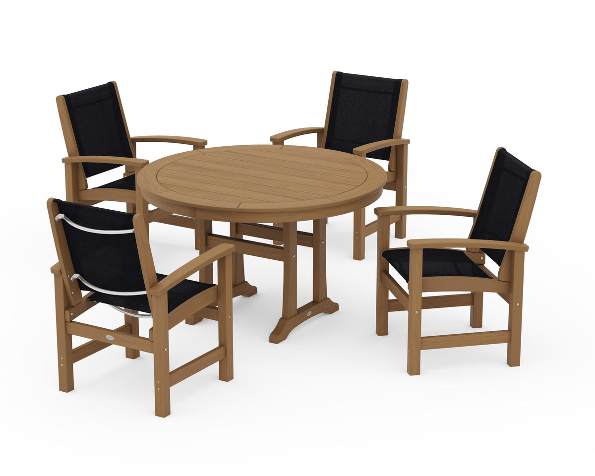 POLYWOOD Coastal 5-Piece Round Dining Set with Trestle Legs in Natural / Black