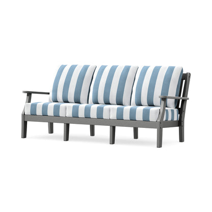 POLYWOOD Chinoiserie Deep Seating Sofa in Slate Grey / Cabana Stripe Sky Blue
