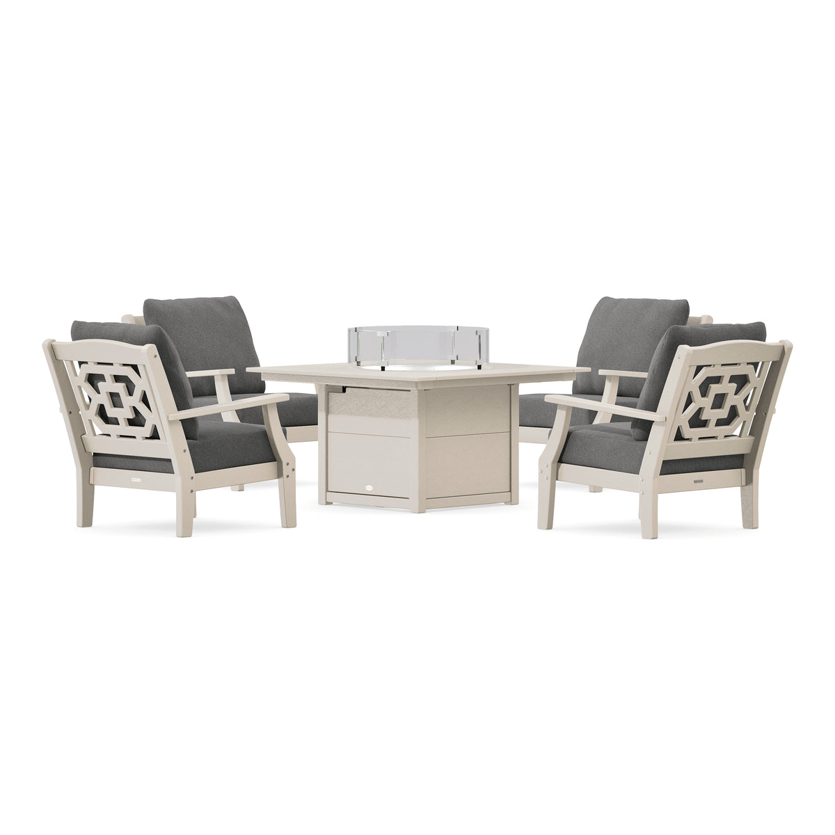 POLYWOOD Chinoiserie 5-Piece Deep Seating Set with Fire Pit Table in Sand