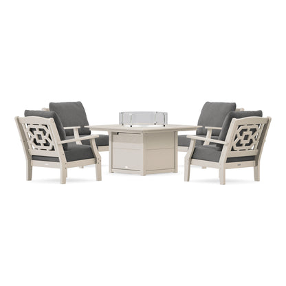 POLYWOOD Chinoiserie 5-Piece Deep Seating Set with Fire Pit Table in Sand