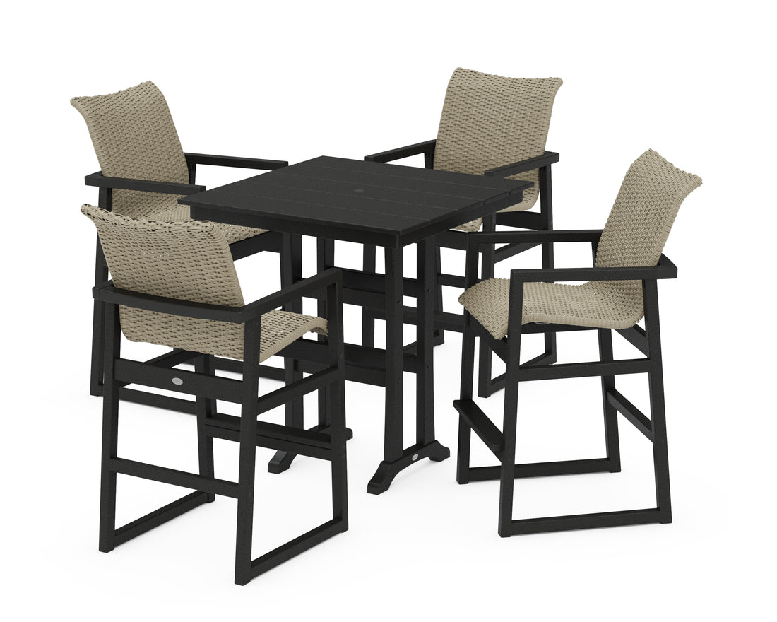 POLYWOOD EDGE Woven 5-Piece Farmhouse Bar Set with Trestle Legs in Black / Dune Grass