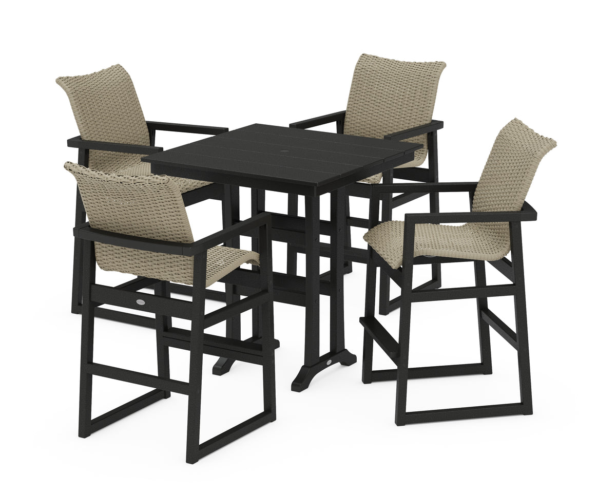 POLYWOOD EDGE Woven 5-Piece Farmhouse Bar Set with Trestle Legs in Black / Dune Grass