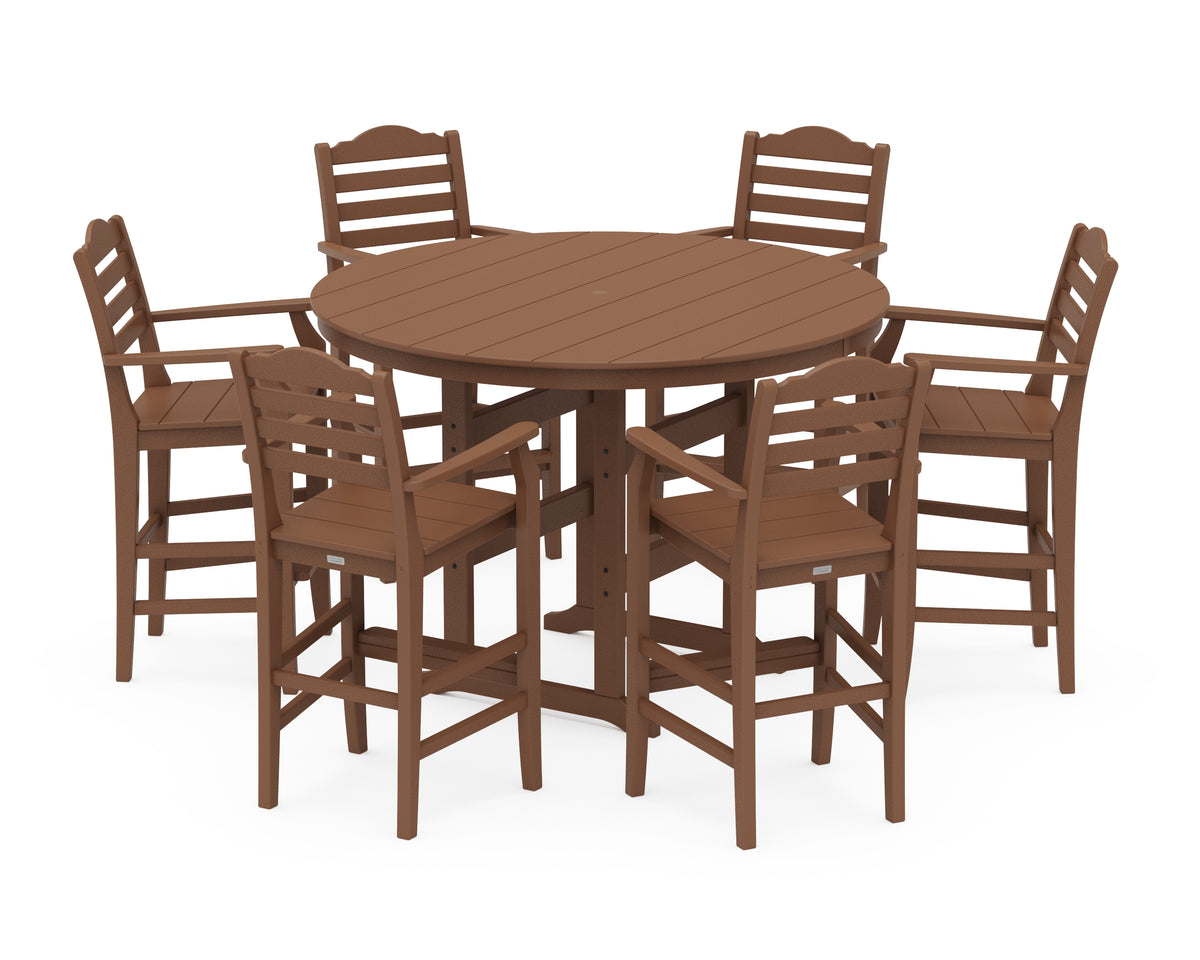 POLYWOOD Savannah 7-Piece Arm Chair Round Farmhouse Bar Set in Teak