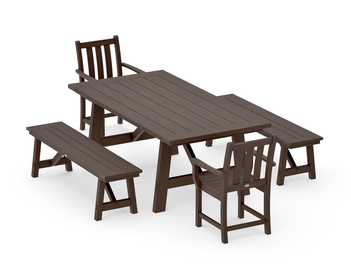 POLYWOOD Traditional Garden 5-Piece Rustic Farmhouse Dining Set with Benches in Kona
