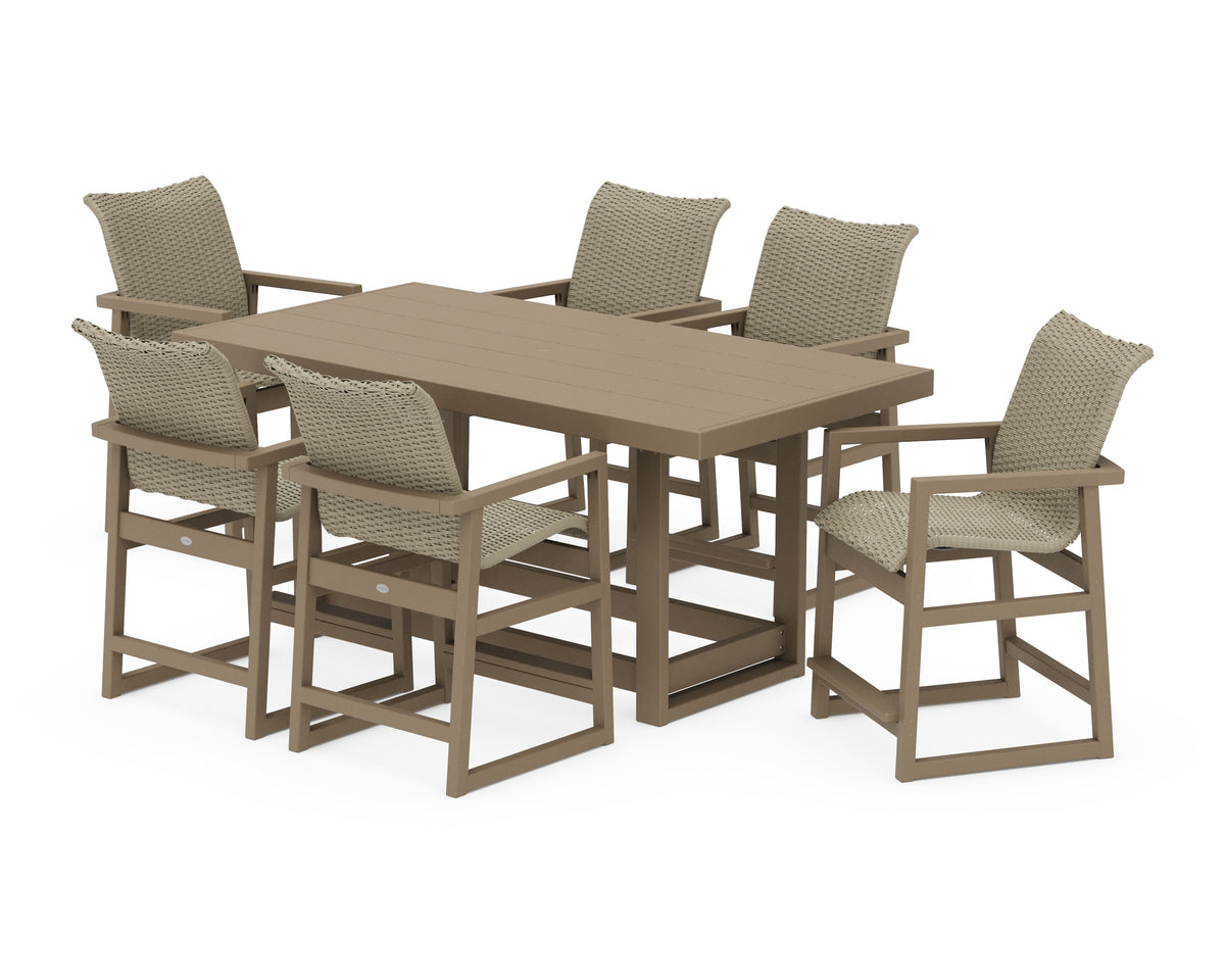 POLYWOOD EDGE Woven Arm Chair 7-Piece Counter Set in Vintage Sahara / Dune Grass