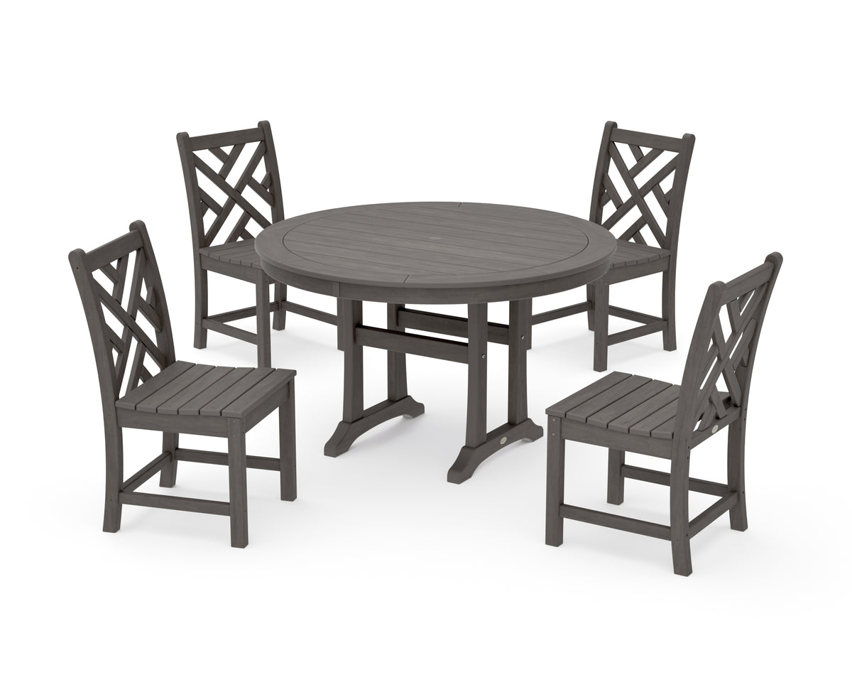 POLYWOOD Chippendale Side Chair 5-Piece Round Dining Set with Trestle Legs in Driftwood