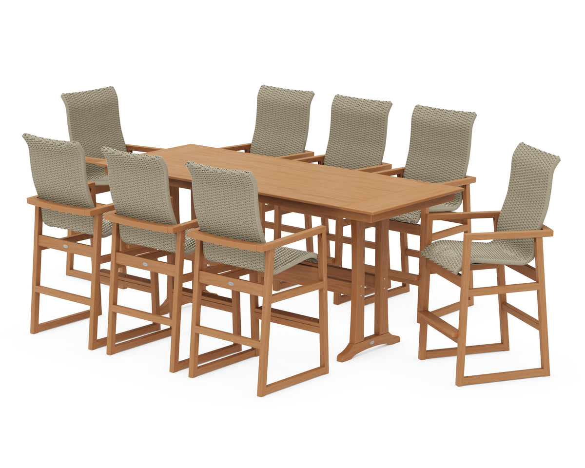 POLYWOOD EDGE Woven Highback 9-Piece Farmhouse Bar Set with Trestle Legs in Natural / Dune Grass