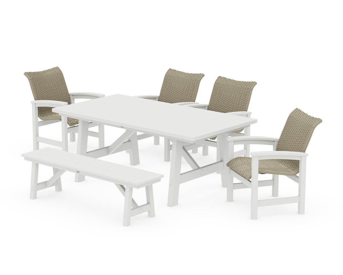 POLYWOOD Coastal Woven 6-Piece Rustic Farmhouse Dining Set with Bench in White / Dune Grass